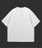 White t-shirt with a black race car graphic on the front and plain back, on a black background.