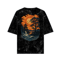 Oversize WHAT THE FATE T-shirt featuring Sunset Serenity graphic with pagoda and trees