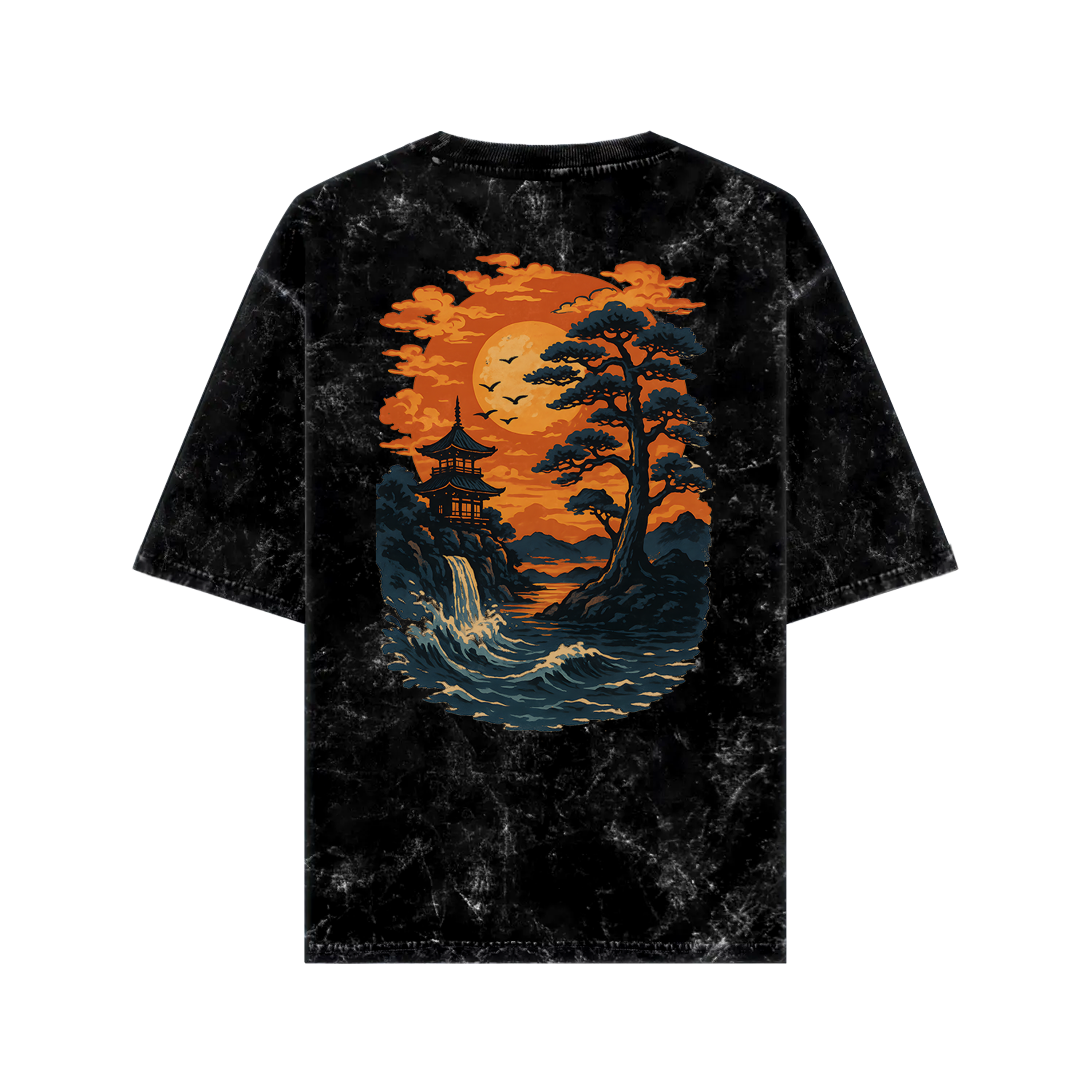 Oversize WHAT THE FATE T-shirt featuring Sunset Serenity graphic with pagoda and trees
