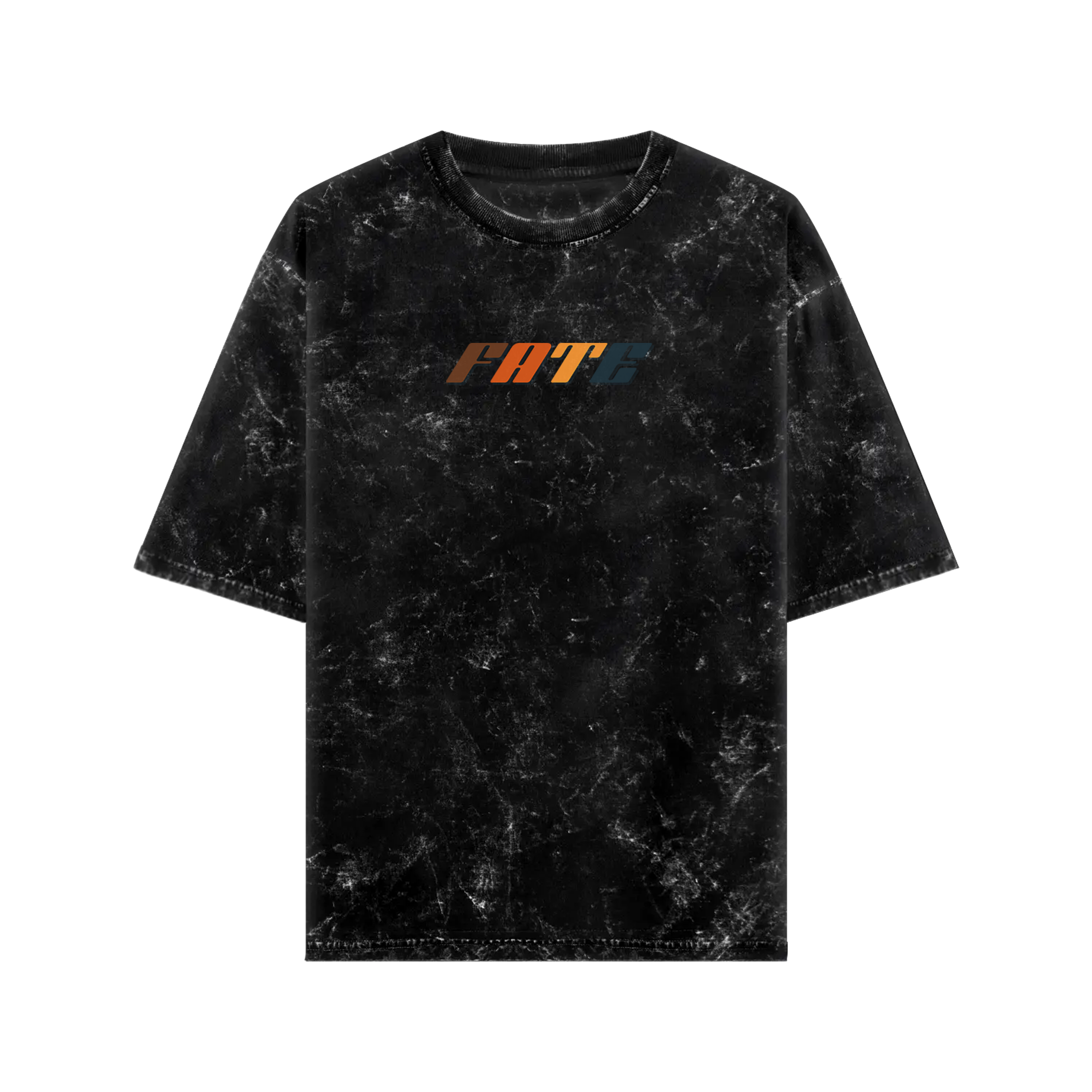 Oversize WHAT THE FATE T-shirt in black with Sunset Serenity graphic design