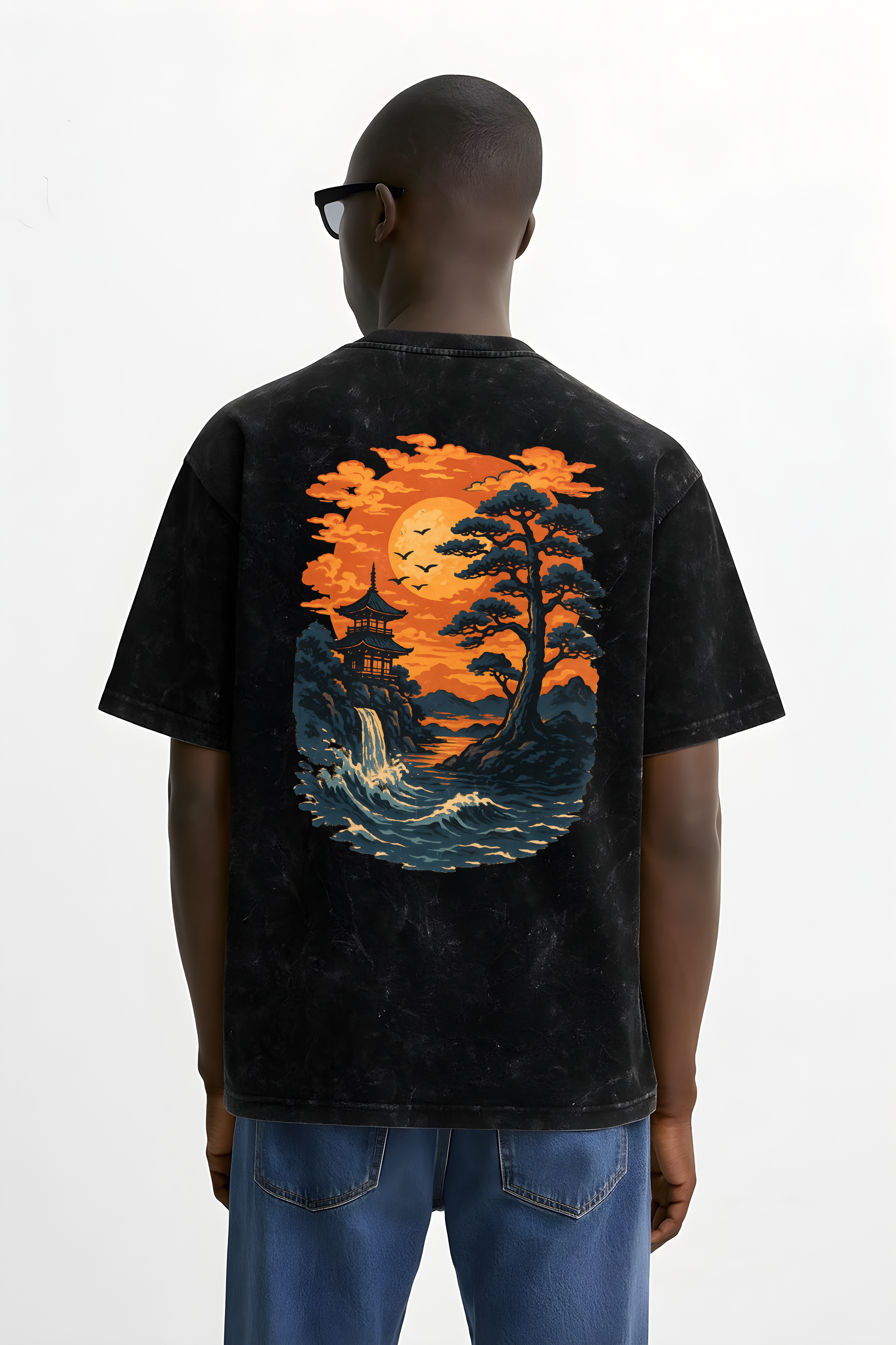 Oversize WHAT THE FATE T-shirt featuring Sunset Serenity graphic design with a serene landscape