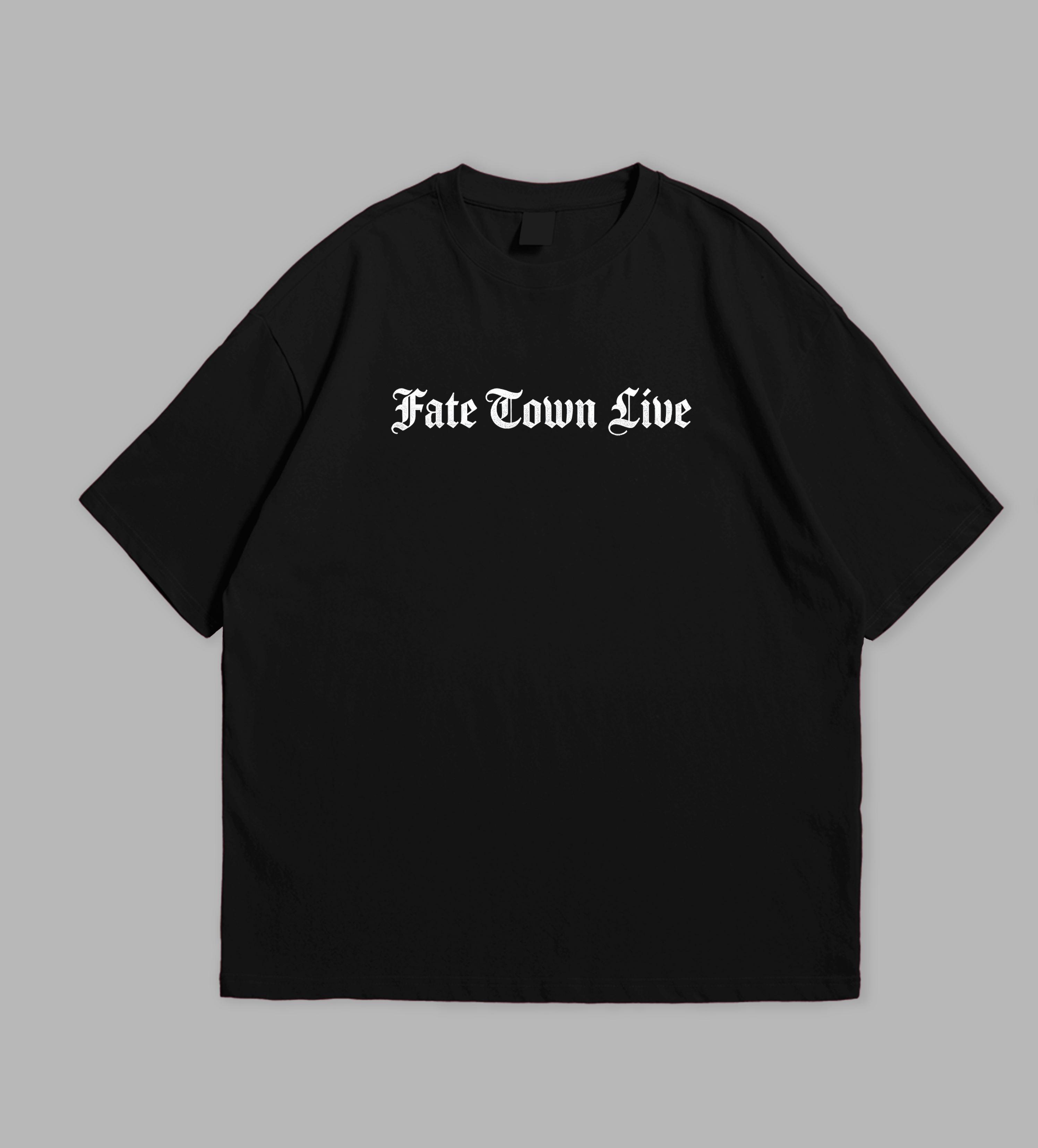 Black t-shirt with graphic design and text on a gray background