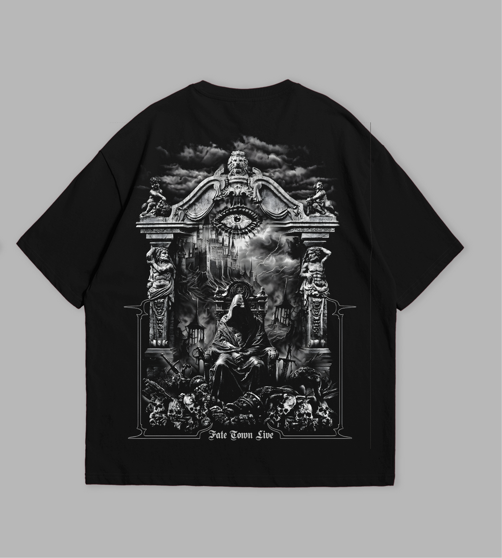 Black t-shirt with graphic design and text on a gray background