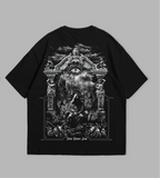 Black t-shirt with graphic design and text on a gray background