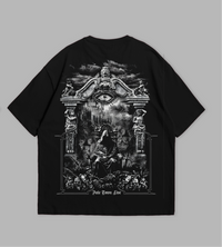 Black t-shirt with graphic design and text on a gray background