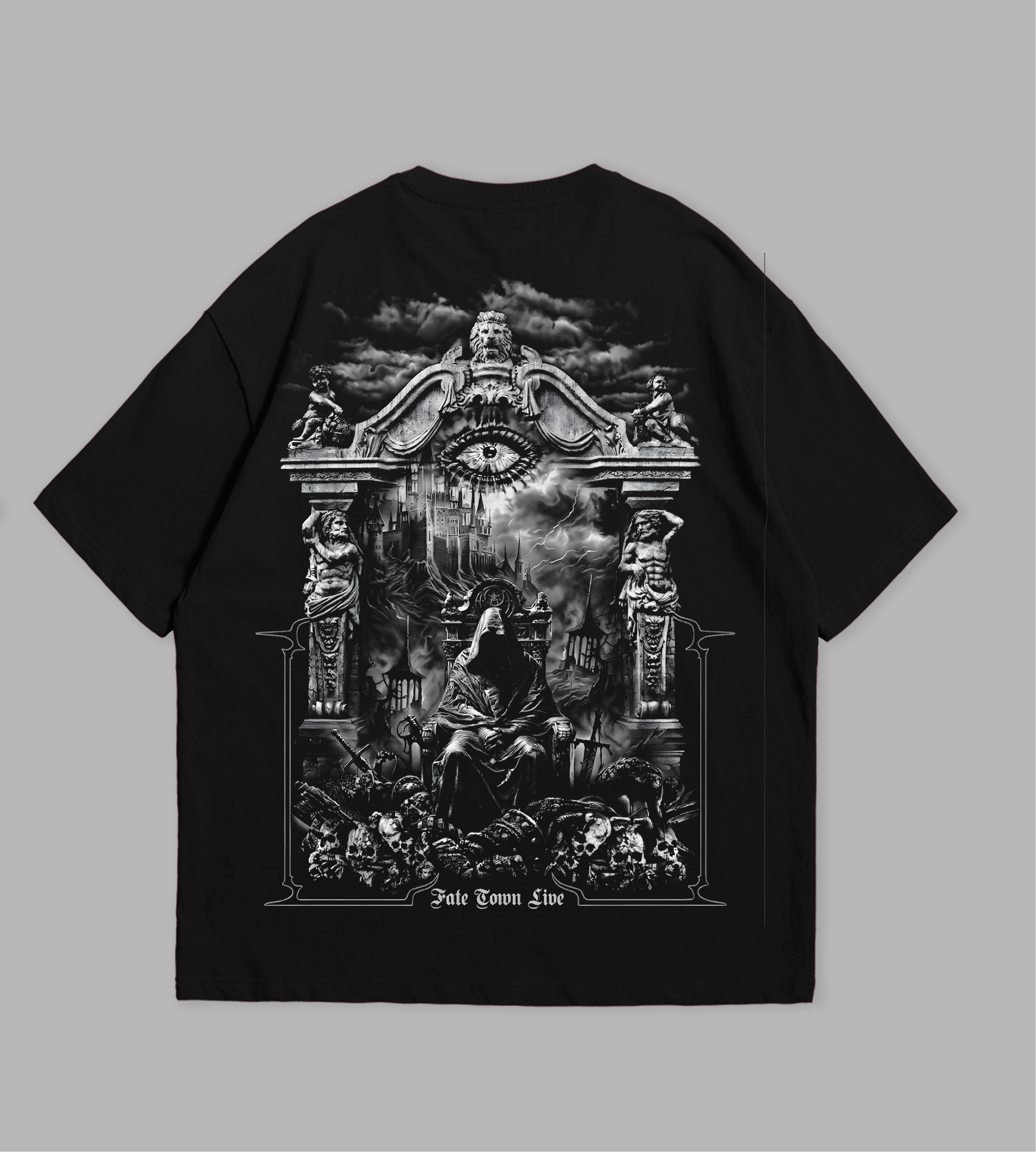 Black t-shirt with graphic design and text on a gray background