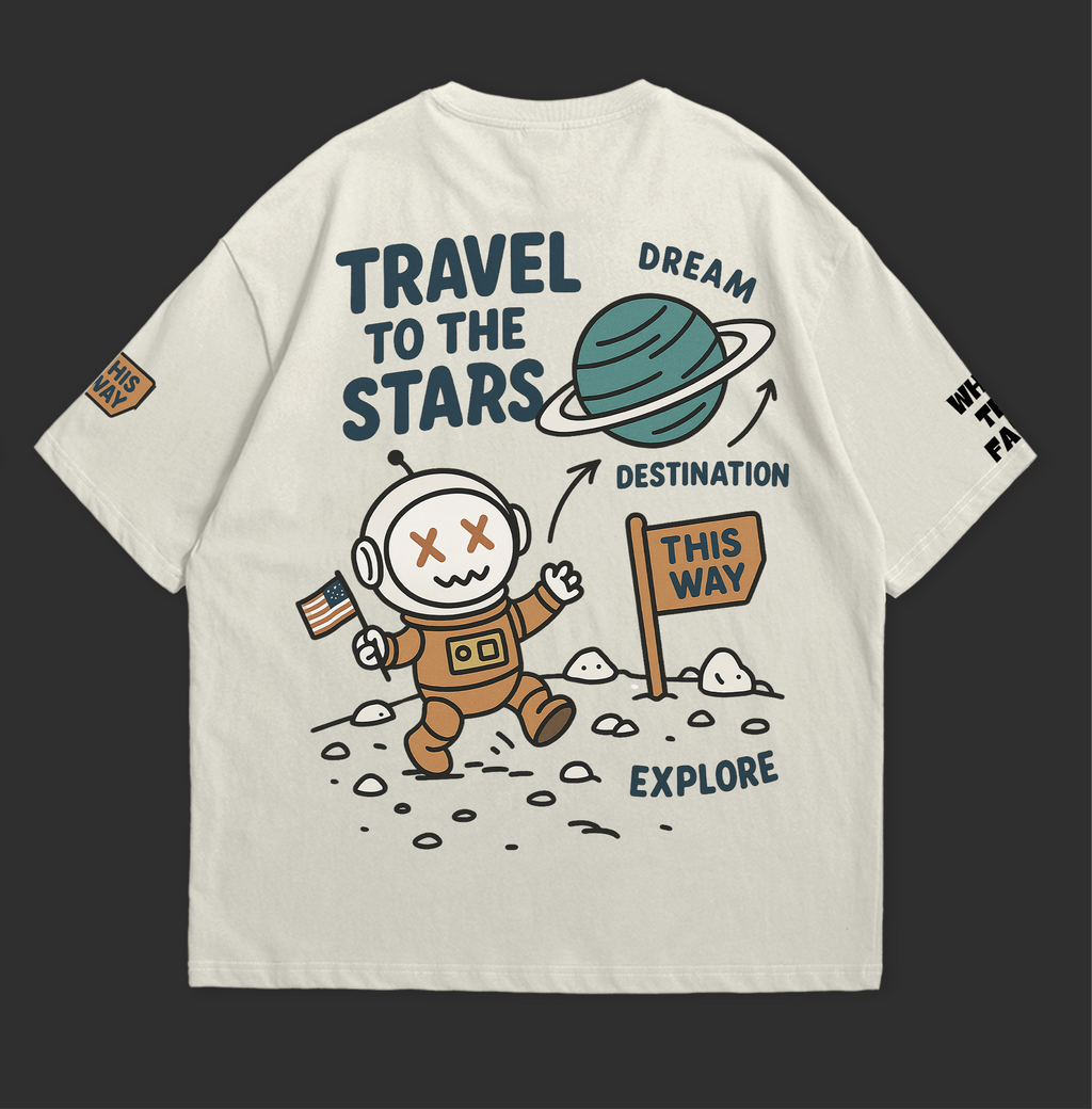 Travel to the Stars Oversized t-shirt featuring a cute astronaut and playful space graphics