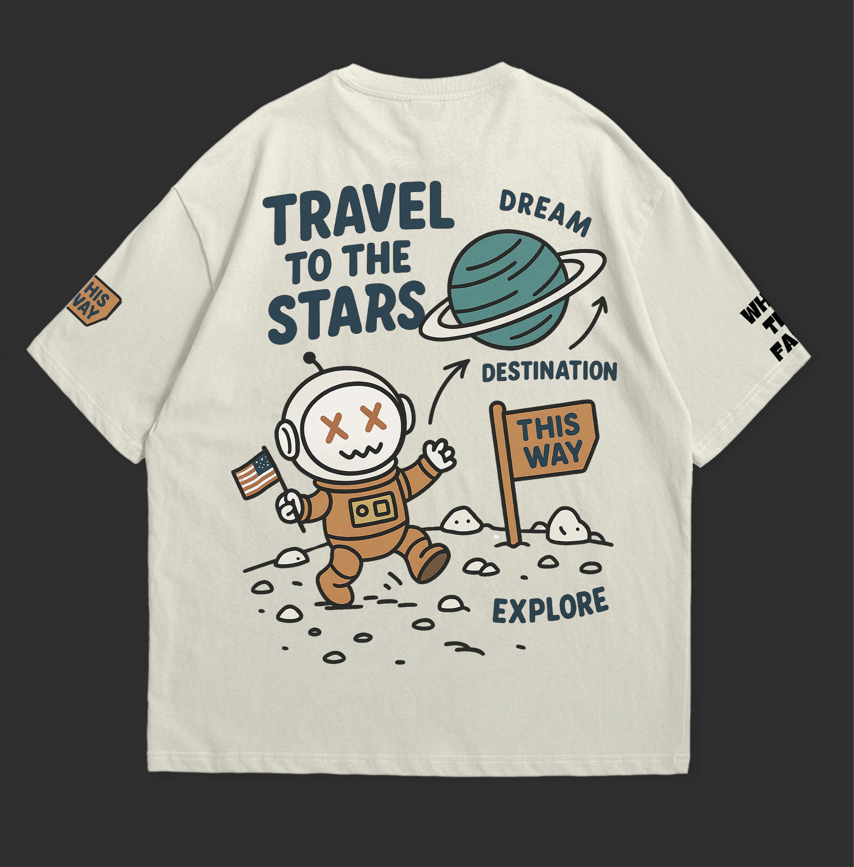 Travel to the Stars Oversized t-shirt featuring a cute astronaut and playful space graphics