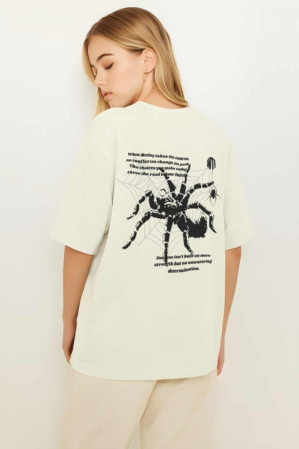 Oversize WHAT THE FATE spider web graphic t-shirt featuring a large spider design on the back