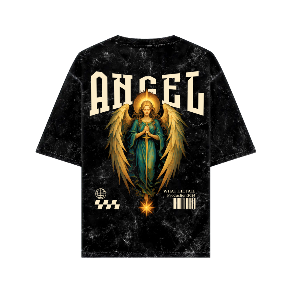 Vintage angelic oversized shirt featuring an angel graphic on a black background from WHAT THE FATE