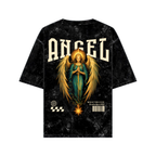 Vintage angelic oversized shirt featuring an angel graphic on a black background from WHAT THE FATE