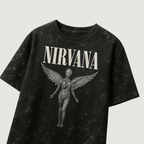 Black vintage Nirvana oversized shirt featuring angel graphic and bold text design