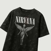 Black vintage Nirvana oversized shirt featuring angel graphic and bold text design