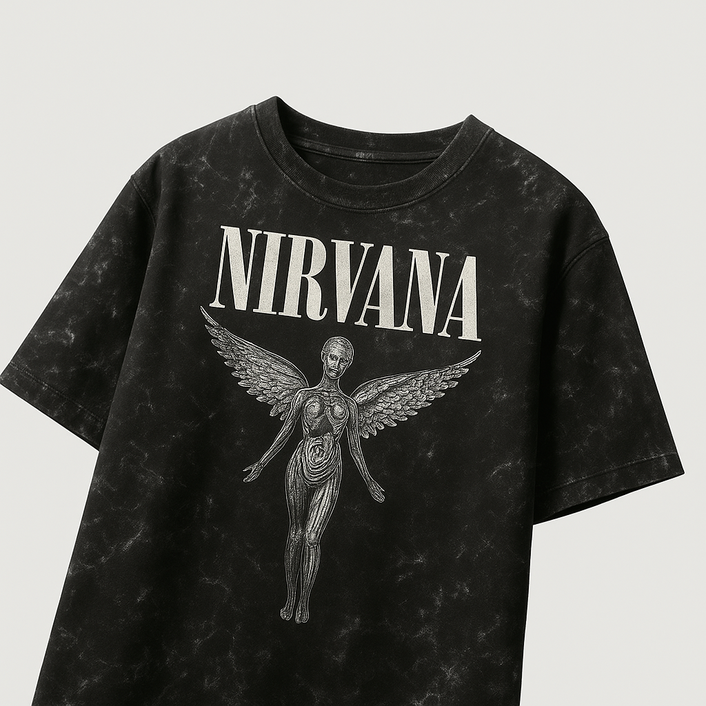 Black vintage Nirvana oversized shirt featuring angel graphic and bold text design