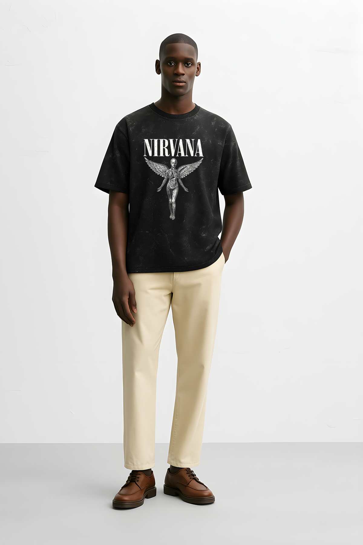 Vintage Nirvana oversized shirt featuring a striking angel design for a casual, trendy look