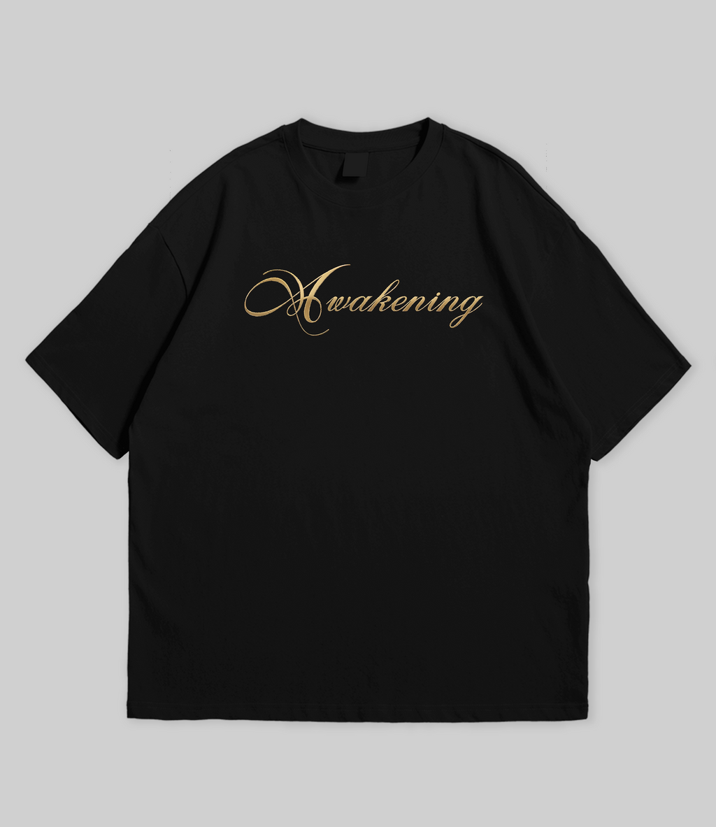 WHAT THE FATE Oversize Vintage Tee Shirts in Black with Awakening Text Design