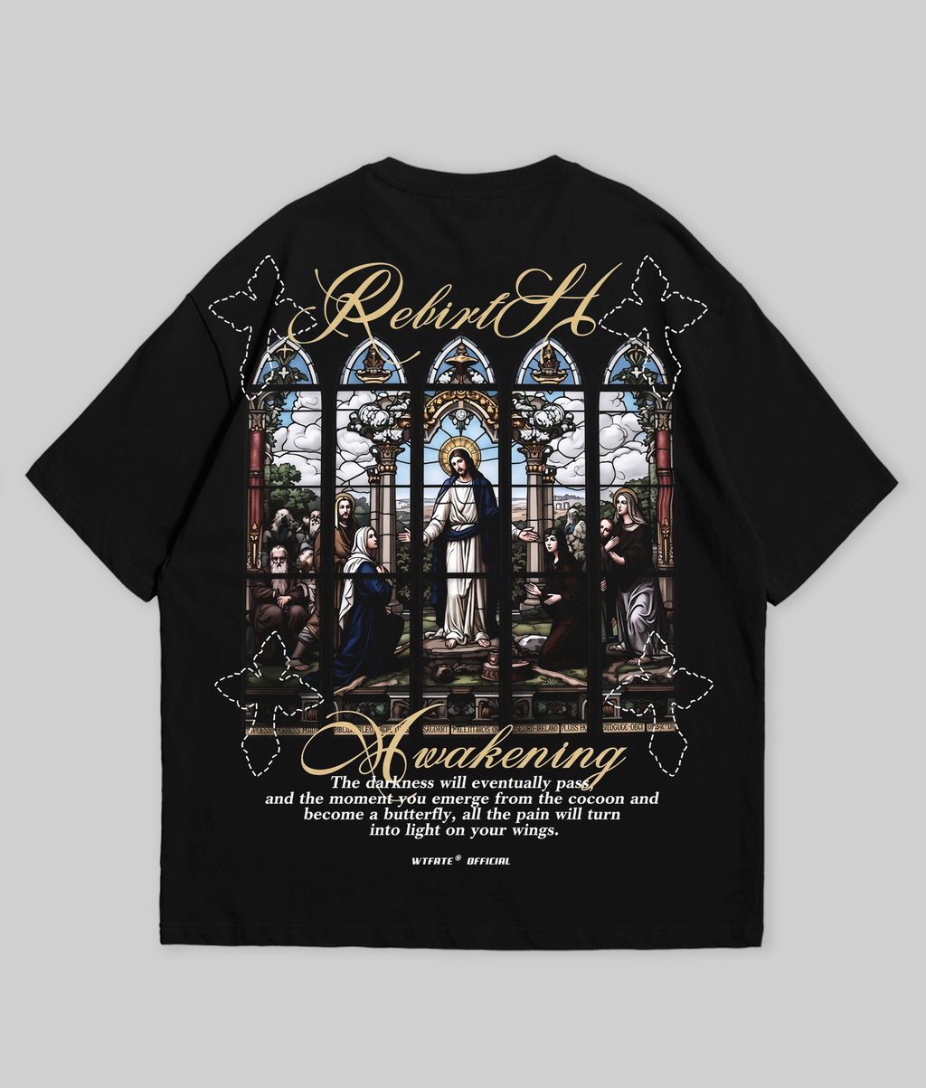 Oversize vintage tee shirts by WHAT THE FATE featuring a unique stained glass design and inspirational text