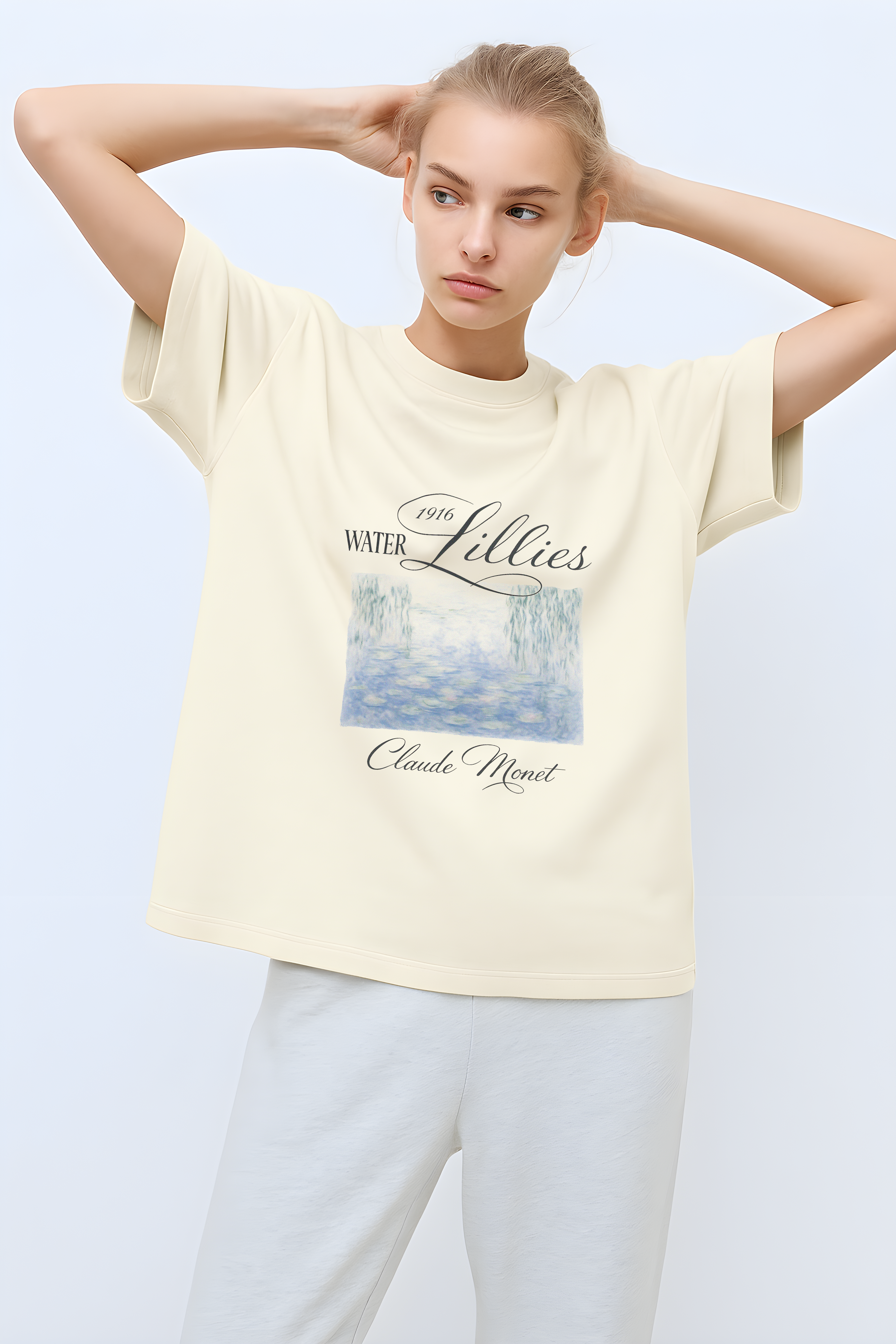 WHAT THE FATE water lilies oversize tee featuring Monet's artwork in a soft beige color