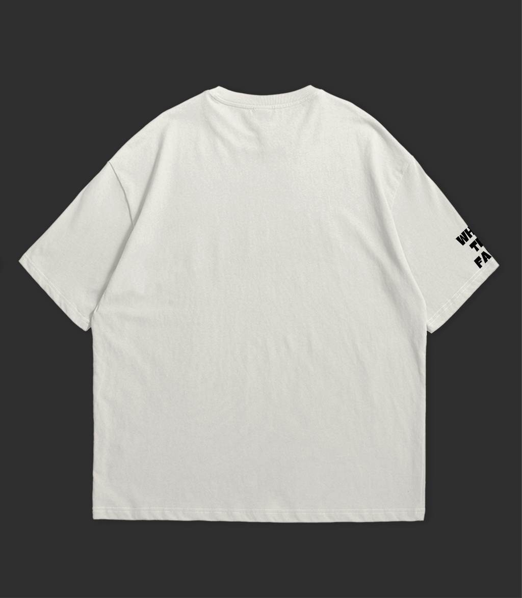 Back view of WHAT THE FATE water lilies oversize tee in light color with printed sleeve detail