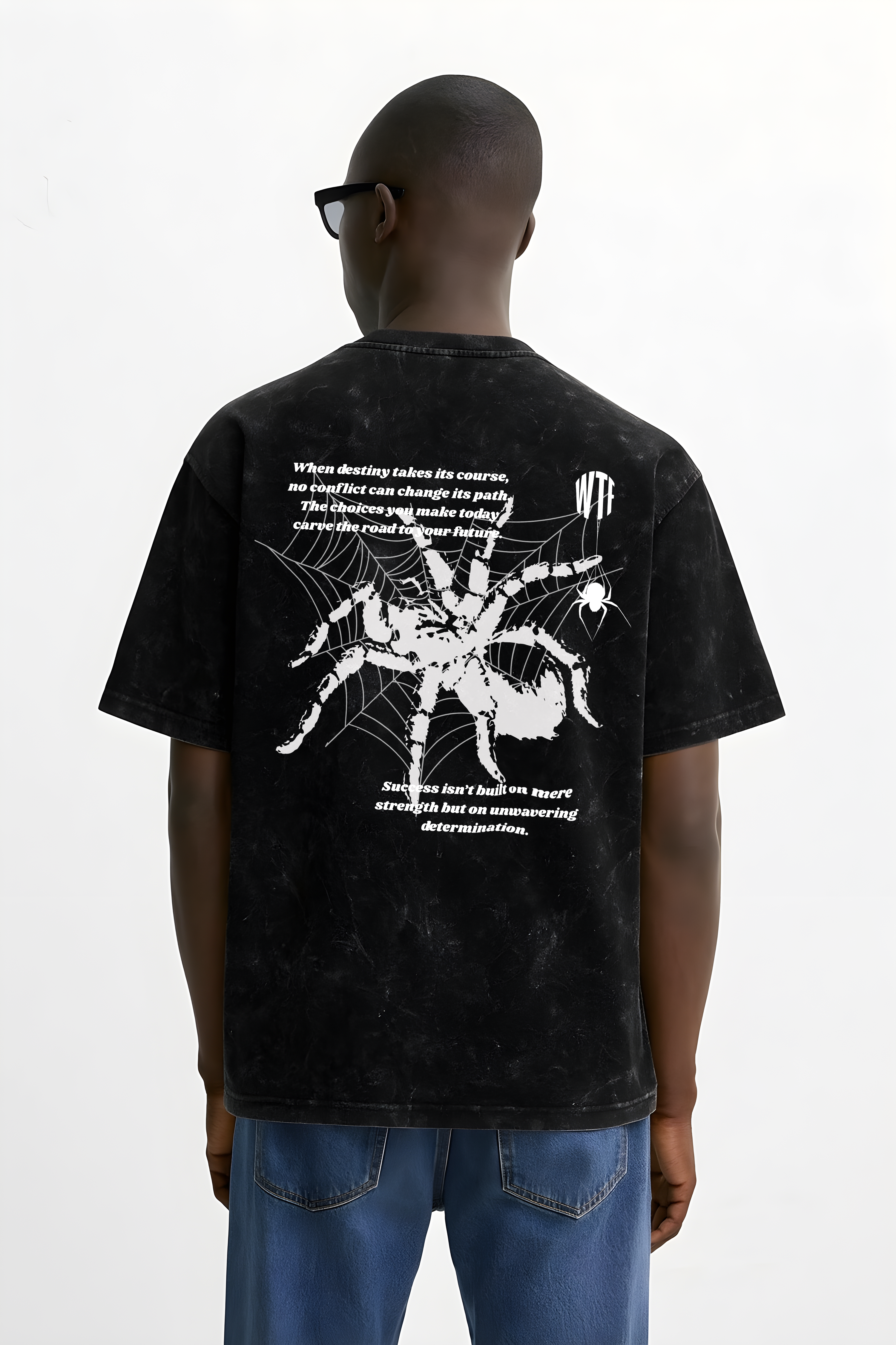 Oversize Web of Fate graphic tee by WHAT THE FATE featuring a spider design on the back