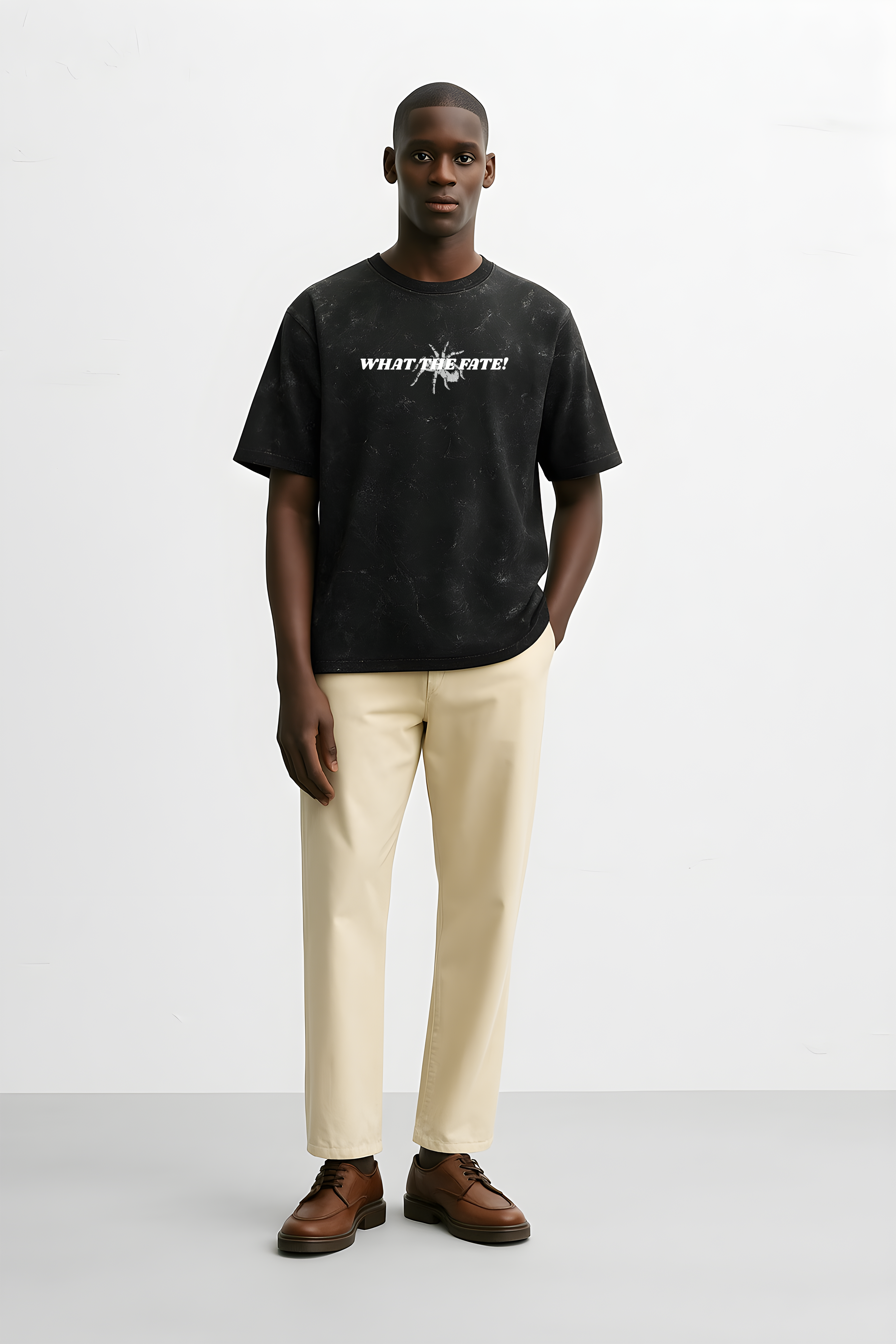 Oversize WHAT THE FATE Web of Fate graphic tee in black with a stylish design for casual wear