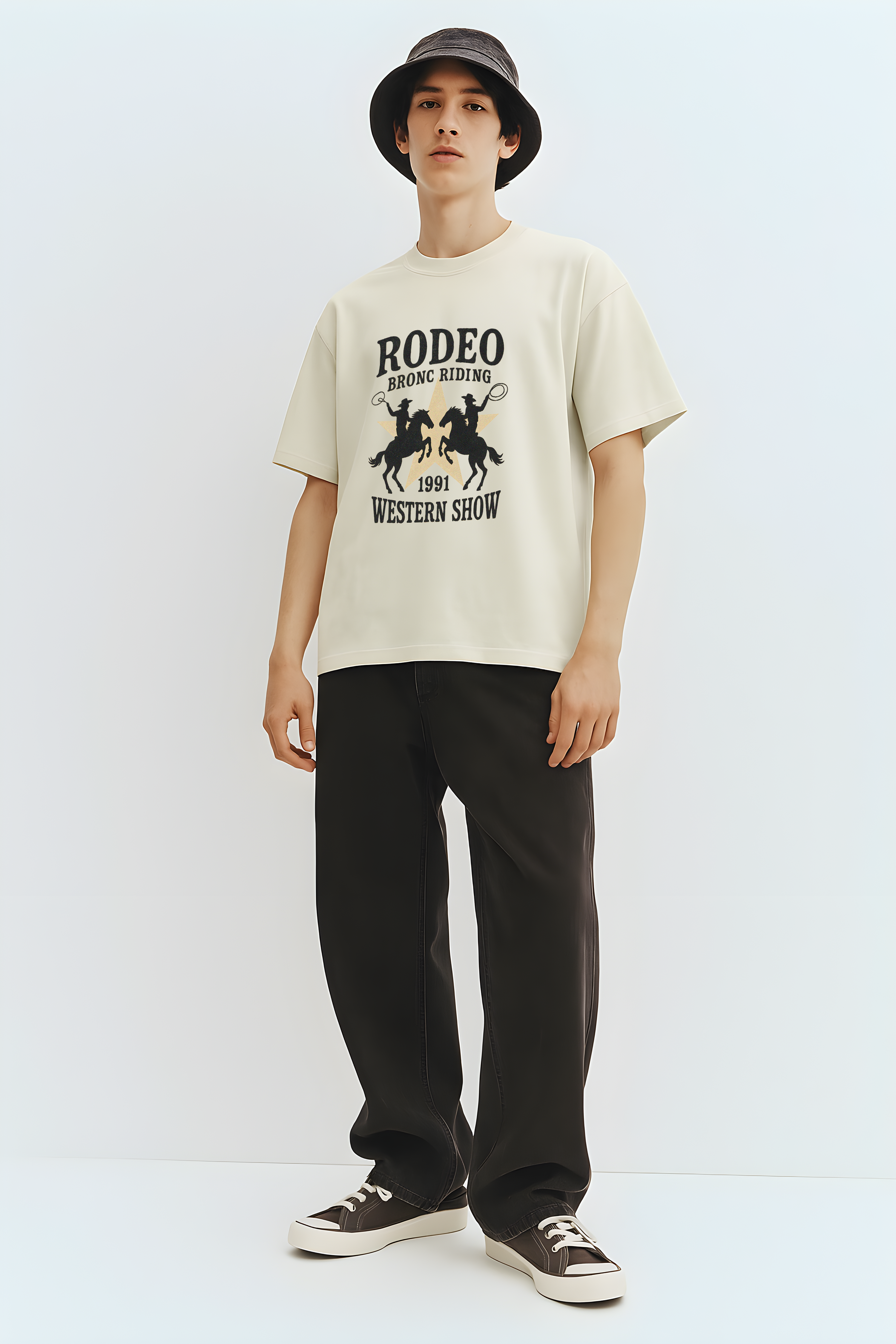 WHAT THE FATE Oversize Western Rodeo T-Shirt Featuring Horse Designs and 1991 Western Show Print