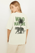 Wild Nature Oversized T-Shirt featuring a tiger and palm tree graphic on the back in a neutral color