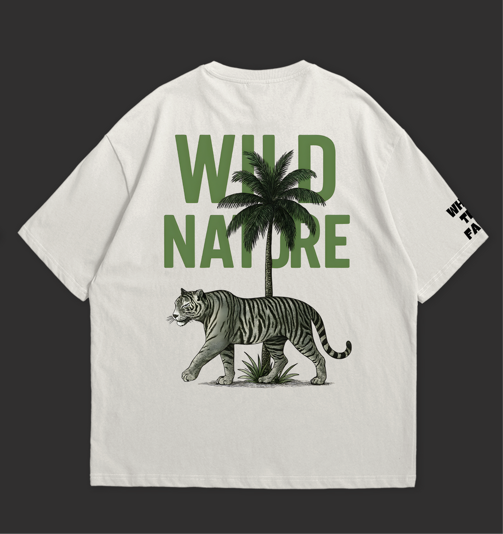 Wild Nature Oversized T-Shirt featuring a tiger and palm tree graphic on the back