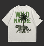 Wild Nature Oversized T-Shirt featuring a tiger and palm tree graphic on the back