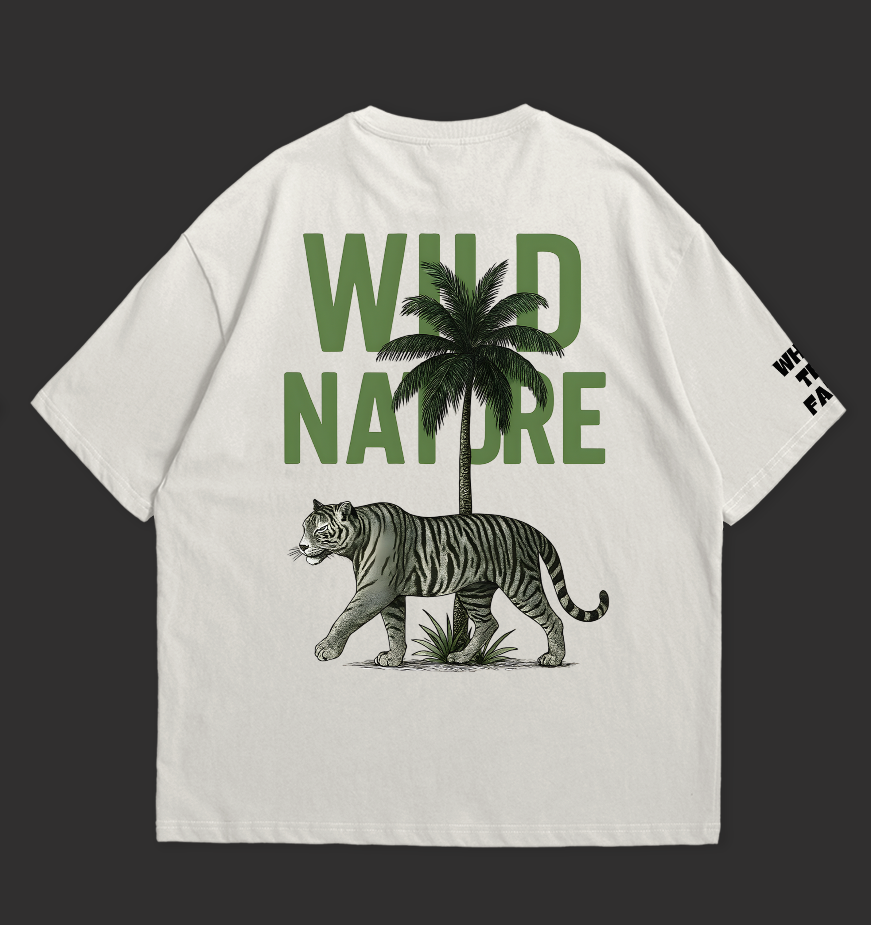 Wild Nature Oversized T-Shirt featuring a tiger and palm tree graphic on the back