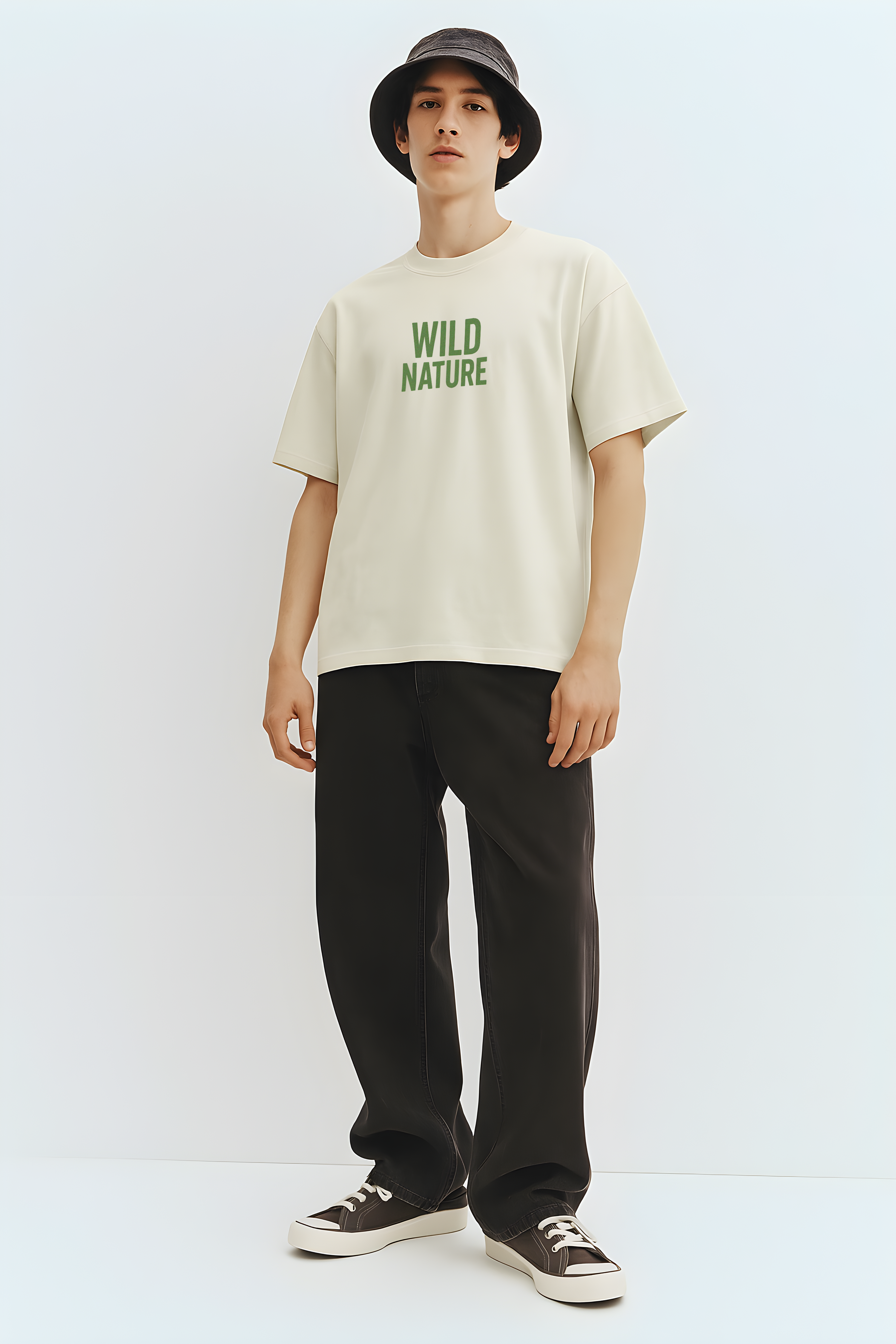 Model wearing Wild Nature Oversized T-Shirt in cream color with green lettering for a casual look