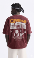 WHAT THE FATE oversized t-shirt in burgundy with 'Offline is the New Luxury' graphic design