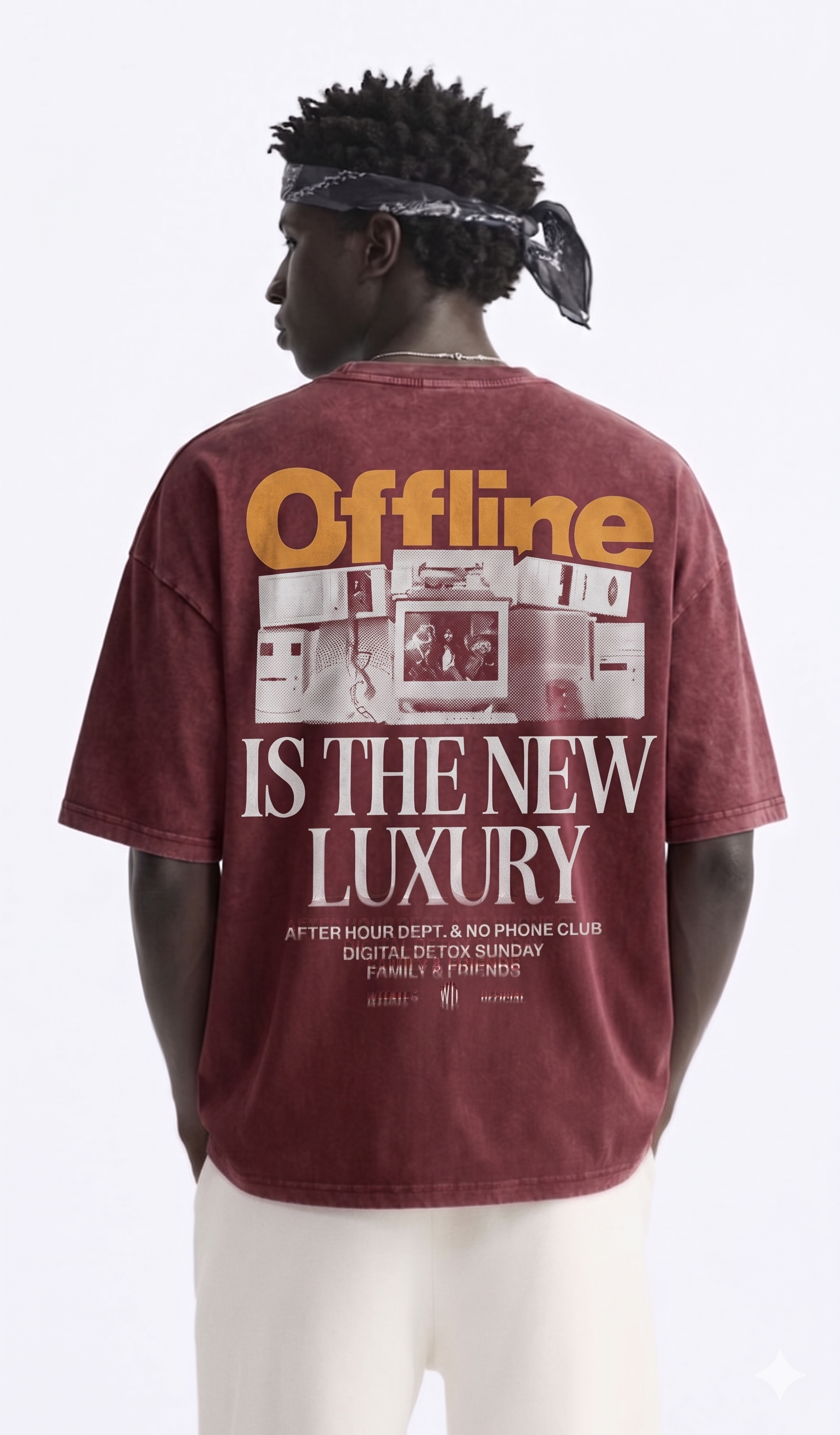 WHAT THE FATE oversized t-shirt in burgundy with 'Offline is the New Luxury' graphic design