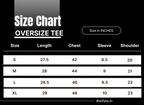Size chart for WHAT THE FATE oversized t-shirt in inches for S, M, L, XL sizes