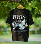 Pigeons of Fate cotton tee in black with bold graphic design featuring flying pigeons