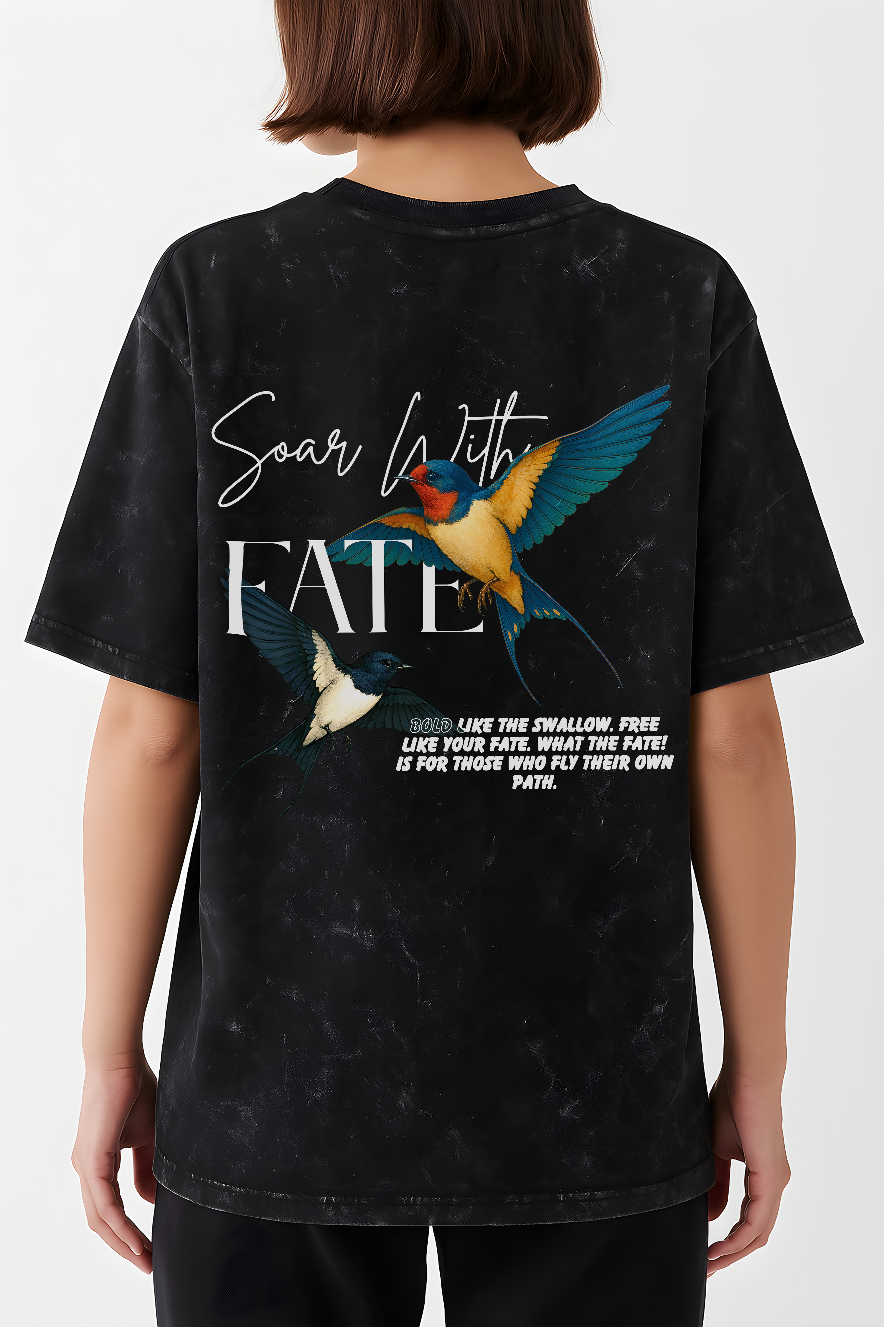 Back view of Soar With Fate graphic tee featuring colorful birds and inspirational text