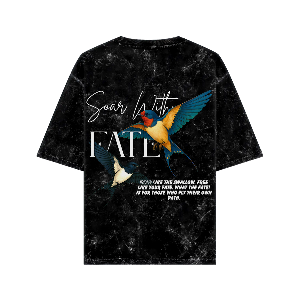 Oversize Soar With Fate graphic tee featuring colorful birds and inspirational text on a black background