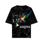 Oversize Soar With Fate graphic tee featuring colorful birds and inspirational text on a black background