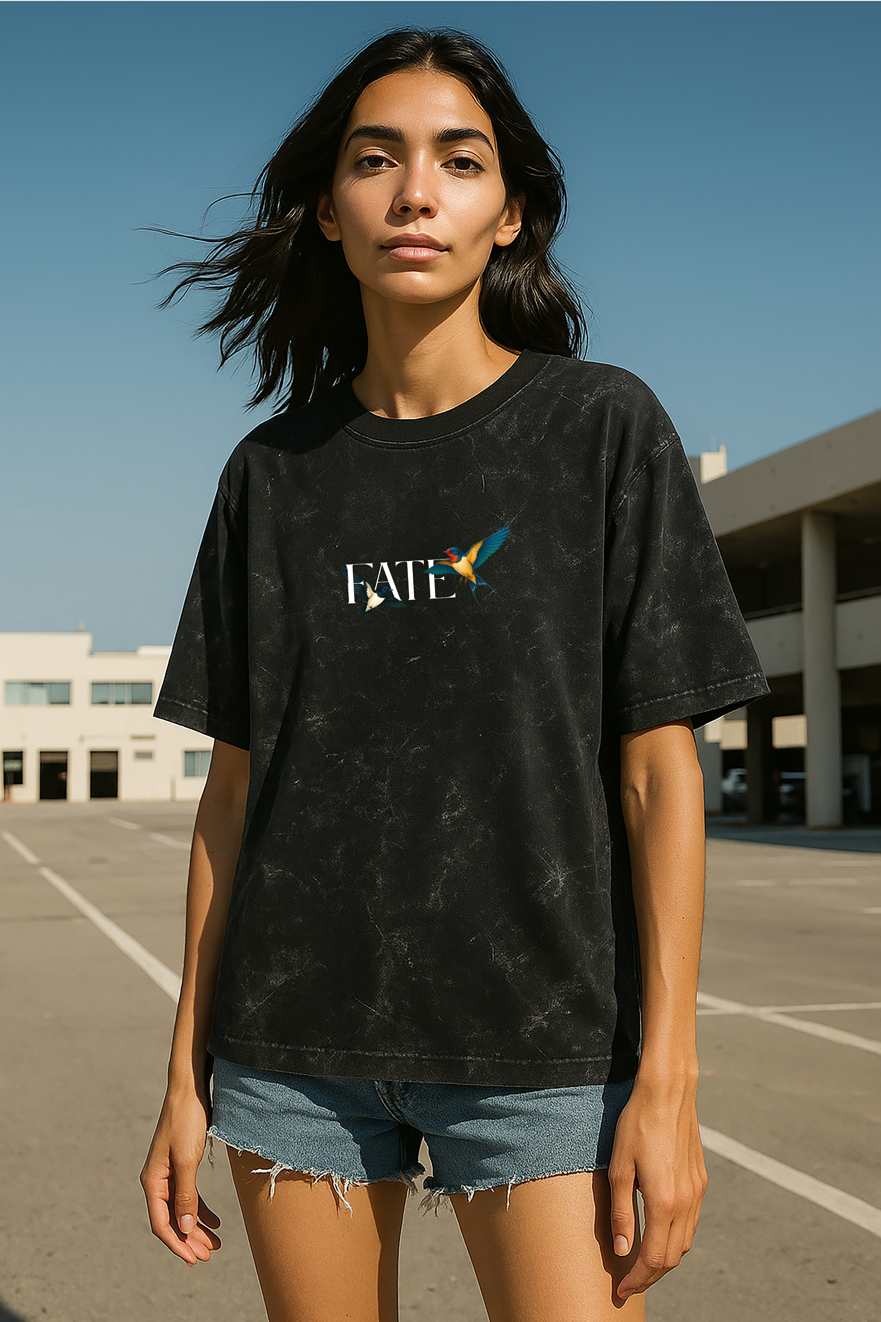 Oversize black Soar With Fate graphic tee featuring a colorful design
