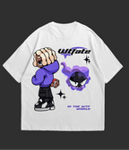 White t-shirt with cartoon character design on a black background