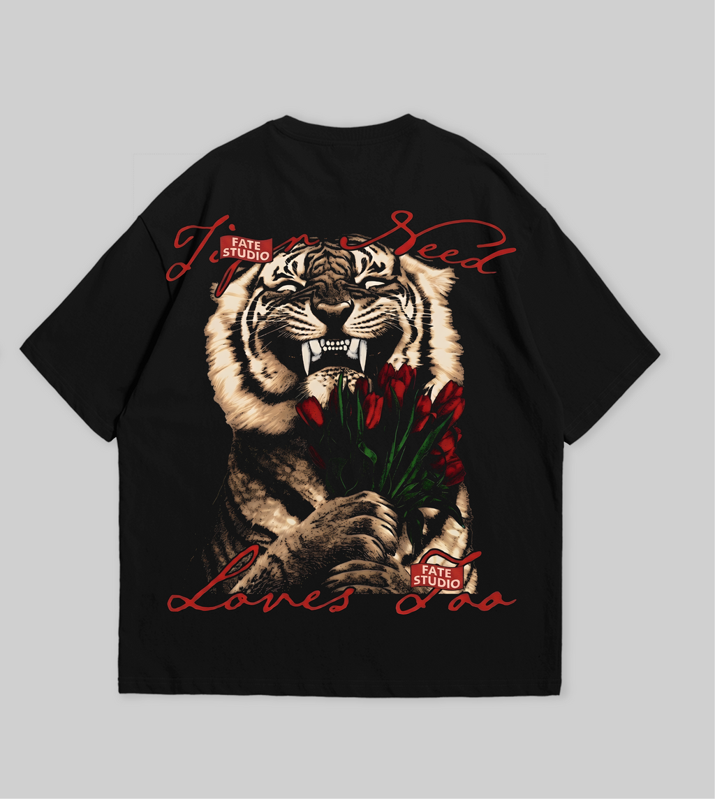 Black t-shirt with a graphic design of a tiger and text on a gray background