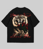 Black t-shirt with a graphic design of a tiger and text on a gray background